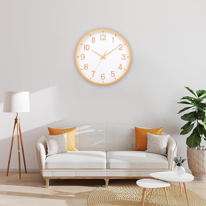 Wall Clocks Battery Operated 10 inch Modern Wall Clock,Silent Non Ticking Wall Clock for Living Room Bedroom Kitchen Office Classroom Decor (Wood Grain Yellow White)