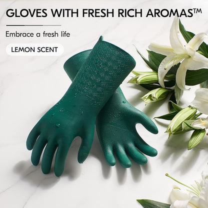 Vgo... 1 Pair Household Cleaning Gloves Infused with Fresh Rich Aromas, Lined Dishwashing, Long Sleeves Kitchen, Bathroom, Gardening, Pet Care (Dark Green, S, TP1117)