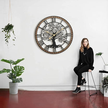 Micasso Non-Ticking Oversize Wall Clock: 38Inch Tree of Life Metal with Solid Wood Frame - Silent Battery Operated Clock for Living Room/Fireplace/High-Ceiling - Home Decor for Homemakers