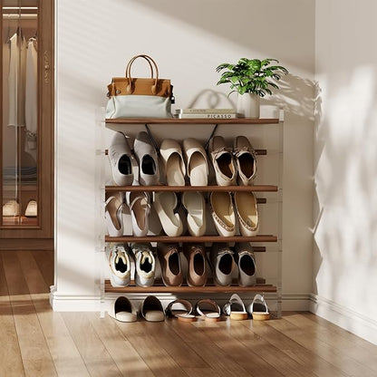 Free Standing Shoe Rack & Closet Shoe Shelf, for Entryway Small Space, Front Door, Garage, 4-Tier Slanted, Solid Wood & Acrylic Frame with Top Shelf Storage