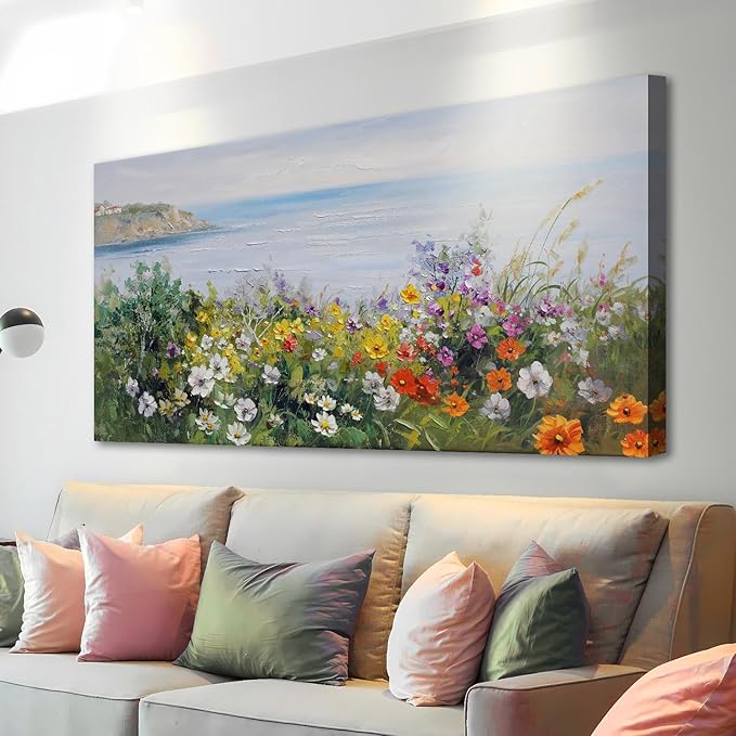 Acocifi Large Floral Canvas Wall Art Nature Coastal Flower Landscape Seascape Painting Colorful Wildflowers Picture, Textured Artwork for Living Room Bedroom Bathroom Kitchen Office Home Decor 48"x24"