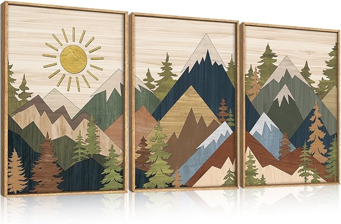 Large Abstract Mountain Woodcut Framed Canvas Wall Art,Vintage Pine Tree Wall Decor,Rustic Nature Forest Wall Painting,Neutral Artwork for Living Room,Bedroom,Dining Room,Farmhouse -16"x24"x3