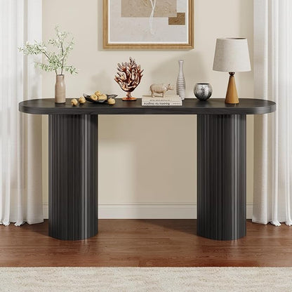 55 Inch Console Table, Fluted Entryway Table, Mid-Century Modern Sofa Table Behind The Couch, Hallway Tables, Curved Sofa Stand for Hallway, Living Room, Foyer Black