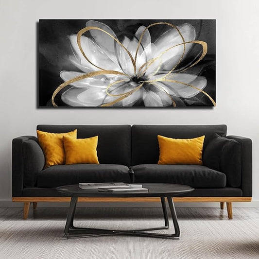 SOUGUAN Room Decor Floral Wall Art 24"x48" botanical Painting Black Art for Living Room Kitchen Dining Room Home Office