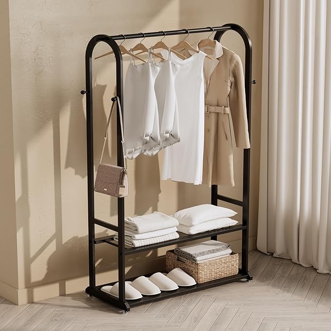 Heavy Duty Clothes Rack with Bottom Shelves & 6 side Hooks - Sturdy Metal Clothing Rack,Garment Racks for Hanging Clothes,can keep and organize your shoes and boxes in order