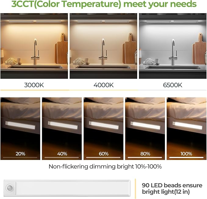 12in Under Cabinet Lights,90 LEDs,USB-C 2500mAh Rechargeable Battery,3 Color Temperature,Dimmable,Motion Sensor Cordless Under Counter Light for Wardrobe,Cupboard,Kitchen,Stairs(2pack 3CCT)