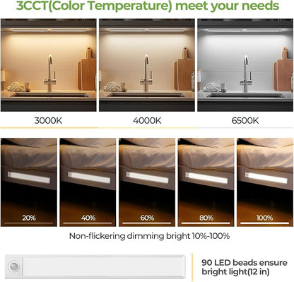 12in Under Cabinet Lights,90 LEDs,USB-C 2500mAh Rechargeable Battery,3 Color Temperature,Dimmable,Motion Sensor Cordless Under Counter Light for Wardrobe,Cupboard,Kitchen,Stairs(2pack 3CCT)