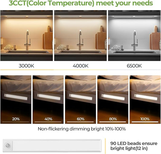 12in Under Cabinet Lights,90 LEDs,USB-C 2500mAh Rechargeable Battery,3 Color Temperature,Dimmable,Motion Sensor Cordless Under Counter Light for Wardrobe,Cupboard,Kitchen,Stairs(2pack 3CCT)