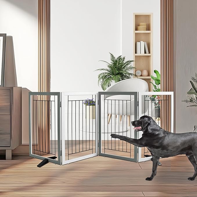 ZJSF Freestanding Dog Gate Indoor, Foldable Dog Fence for Doorways,Hallways or Stairs, Sturdy Wood Extra Wide Pet Gate with Support Feet,Grey,32 "Height-4 Panels