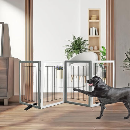 ZJSF Freestanding Dog Gate Indoor, Foldable Dog Fence for Doorways,Hallways or Stairs, Sturdy Wood Extra Wide Pet Gate with Support Feet,Grey,32 "Height-4 Panels