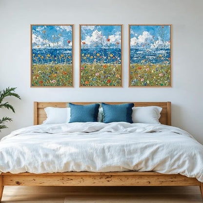 Large Modern Coastal Wildflower Framed Canvas Wall Art,Vintage Seaside Wall Decor,Abstract Flower Blue Wall Print,Nature Colorful Landscape Artwork for Living Room,Bedroom,Dining Room-16"x24"x3