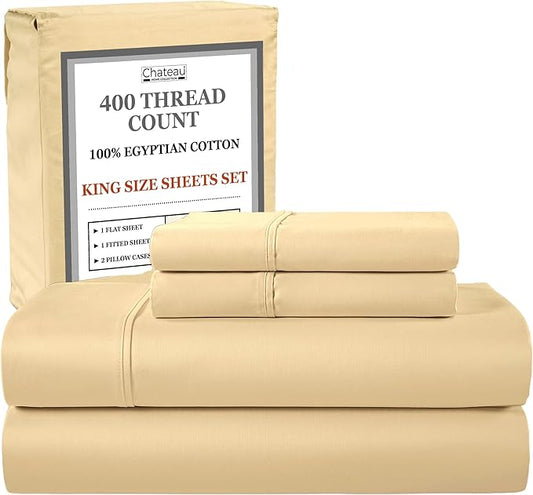 400 Thread Count Cotton Bed Sheets King Size, 15" Deep Pocket King Sheet Set, 4 Piece Naturally Cool Soft Sateen Weave Machine Washable Fully Elasticated- Semolina