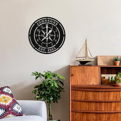 Personalized Compass Wall Clock, Custom Iron Wall Clock with Unique Text, Black Vintage Nautical Decor for Living Room, Office, Mantle, Unique Housewarming Gift, Anniversary Wedding Gift for Him