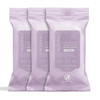Noshinku – Lavendula Hand Sanitizer Wipes, 3-Pack (45 Towelettes) – Resealable Travel Wipes with Ethyl Alcohol, Aloe & Green Tea, Plant-Based Fiber, Essential Oil Scents, Cruelty-Free & No Dyes