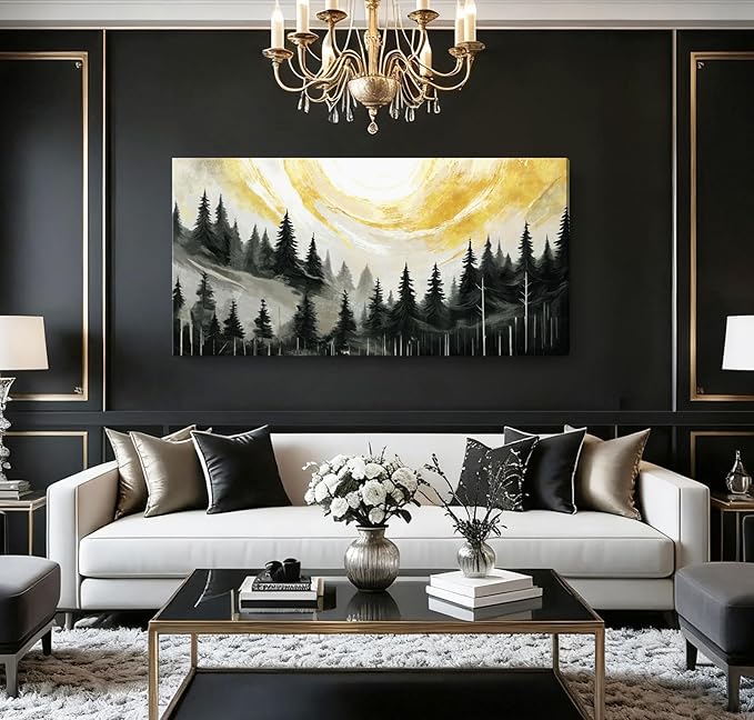 ARTZON Large Abstract Wall Art- Modern Black White Yellow Tree of Life Forest Canvas Print Pine Landscape Nature Horizontal Artwork Minimalist Picture for Living Room Bedroom Office Decor 48"x24"