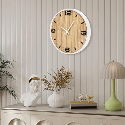 Round Wall Clock Battery Operated, Modern Wooden Small Analog Clocks 12 Inch Silent Non-Ticking for Home, Office, Apartment, Living Room, Bathroom, Kitchen, Bedroom