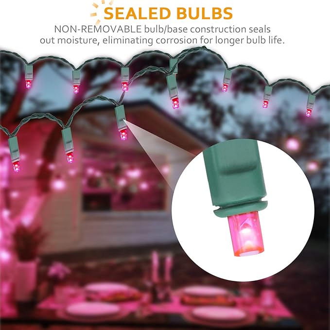 50 Counts Pink Christmas Lights – 25ft 5mm Pink String Lights Outdoor Commercial Grade Waterproof, Indoor Pink Christmas Tree Decorations, Green Wire Mini String Lights, UL, IP:65