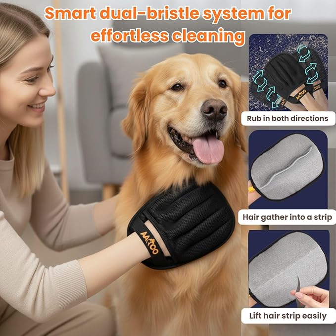 Pet Hair Removal Glove for Cats & Dogs with Silicone Dog Toothbrush – Reusable Magic Brush – Five-Finger Electrostatic Pet Hair Remover Glove for Laundry, Couch, Carpet & Car Seat