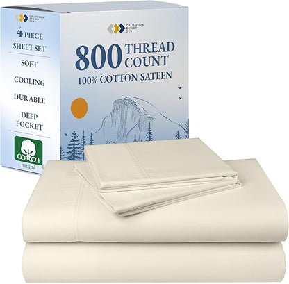 California Design Den Luxury King Bed Sheets - Buttery Soft 800 Thread Count Sateen, 100% Cotton Bed Sheets Set - Beats Fake Egyptian Claims, Deep Pockets, Durable Bedding Set (Creamy Ivory)