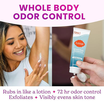 Lume Whole Body Deodorant - Invisible Cream Tube - 72 Hour Odor Control - Aluminum Free, Baking Soda Free, Skin Safe - 3.0 ounce (Pack of 2) (Unscented)