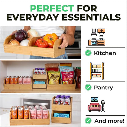 Potato and Onion Storage Bin for Pantry and Kitchen Counter - Ventilated Stackable Bamboo Organizer Baskets with Handles - Multipurpose Organization Containers for Fruit, Vegetable, Pantry - 3 Pack