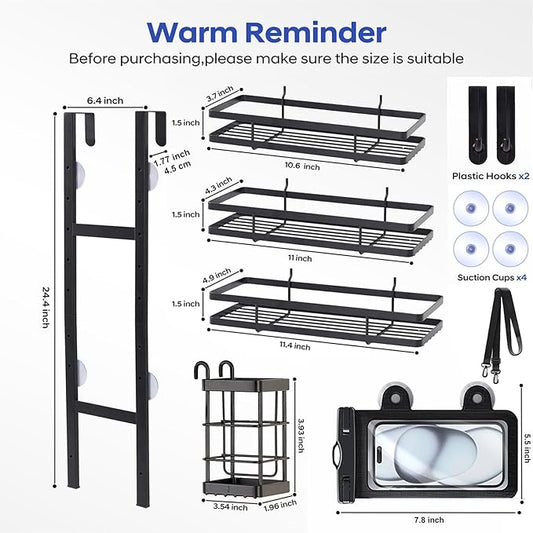 Over the Door Shower Caddy Hanging, Rustproof Shower Shelves with Waterproof Phone Pouch, 3-Tier Adjustable Bathroom Organizers and Storage, No Drilling Shower Shelf, Black Shampoo Soap Holder