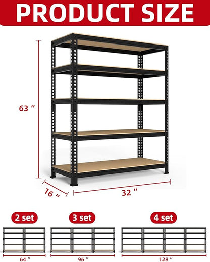 PrimeZone 32"W x 16"D x 63" H Storage Shelves - 4 Pack 5 Tier Adjustable Garage Storage Shelving, Heavy Duty Metal Storage Organizer Utility Rack Shelf Unit for Warehouse Pantry Closet Kitchen, Black