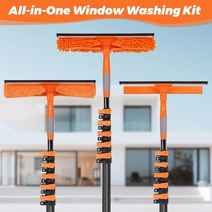 Window Washing Kit with Extension Pole 4.7 to 24FT, Long Squeegee for Window Cleaning Indoor Outdoor, Carbon Fiber Telescopic Pole for Window Cleaner Tool with Microfibre Pad & Chenille Cloth