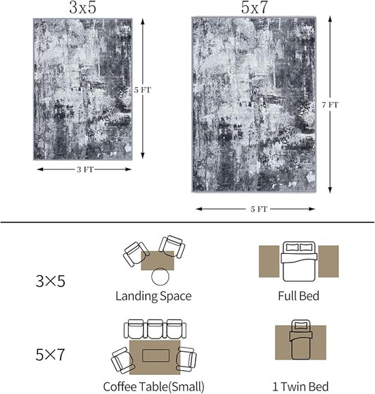 KOZYFLY Modern Abstract 3x5 Rug Gray Washable Rug Entry Rug, Soft Non-Slip Contemporary Nursery Mat Indoor Throw Kitchen Carpet with Soft Low Pile for Bedroom Office Living Room Bathroom Dorm