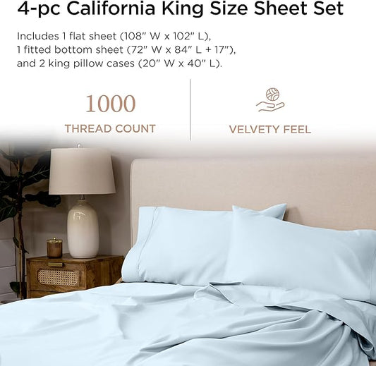 Threadmill California King Sheets - 1000 Thread Count Luxury Bed Sheets Set, Certified American Supima Cotton, Elasticized Extra Deep Pocket, Light Blue