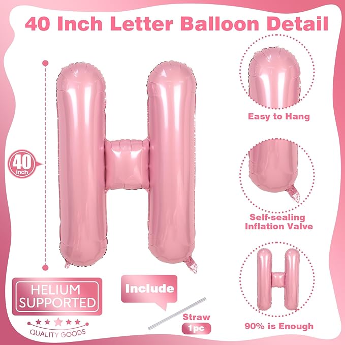 Big Letter Balloon H Pastel Pink, Mylar Alphabet Customize Name Balloon Letter Light Pink, Self Inflating Baby Pink Foil H Custom Letter Balloon for Girls Women Birthday Party Baby Shower Decoration