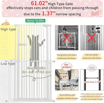Lumizone Extra Tall Cat Gate 61.02" High Pressure Mounted Extra Wide 2025 New (17 Sizes) 1.37" Gap No Drilling Auto-Close One-Handed Operation Tall Pet Gate for Dogs(White, 61.02" H x 38.39"-42.51" W)