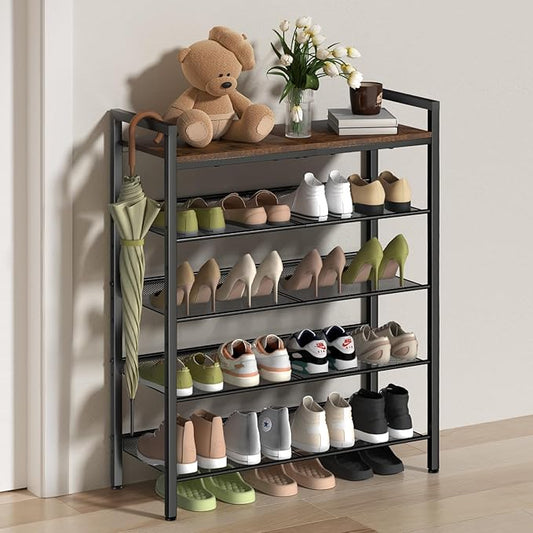 5 Tier Shoe Rack for Front Door Entrance, Shoe Rack for Entryway, Metal Shoe Organizer Heavy Duty with Wooden Top & Adjustable Mesh Shelves, Shoe Storage for Closet Bedroom Bathroom Dorm Garage