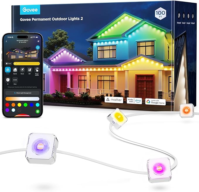 Govee Permanent Outdoor Lights 2, 100ft RGBIC Outdoor Lights with 72 LED Lights, IP67 Waterproof, 100 Scene Modes with 40lm White for Outdoor Decorations, Works with Alexa, Google Assistant, White