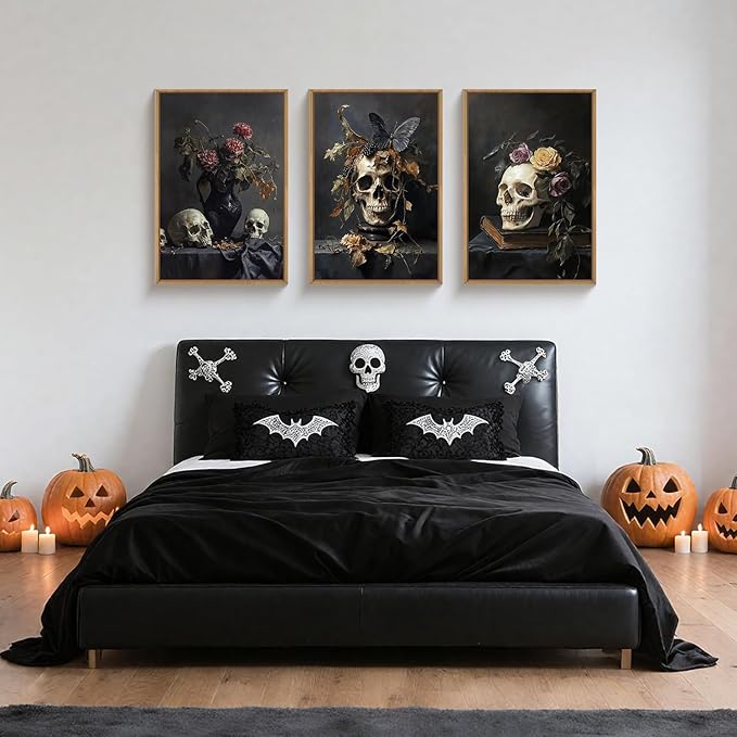 Large Vintage Skull Halloween Floral Framed Canvas Wall Art Set, Abstract Skeleton Butterfly Wall Decor,Moody Dark Rose Artwork for Living Room,Bedroom,Dining Room,Office -24"x36"x3