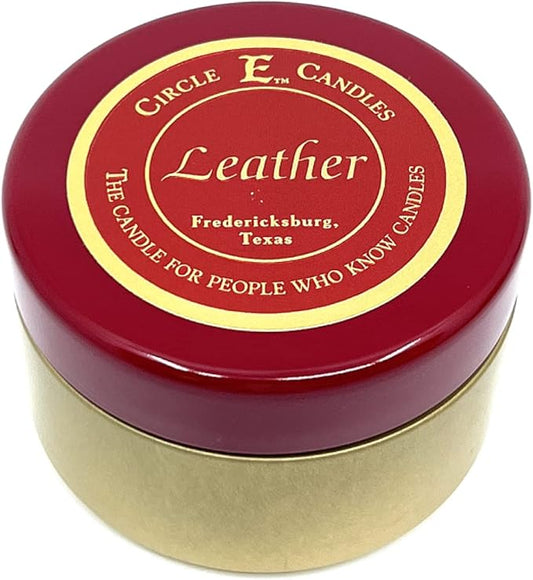 Circle E Candles, Leather Scent, Extra Small Size Travel Tin Candle, 4oz, 1 Wick