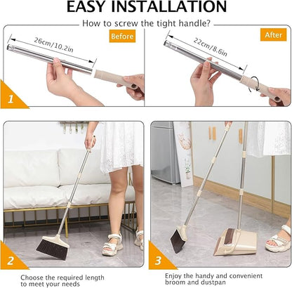Broom and Dustpan Set with Long Handle, Light Weight Stainless Steel Poles Stand Upright Dustpans with Broom Combo for Home Kitchen Office Pet Dog Hair, Brown & Beige Color, 1-Pack