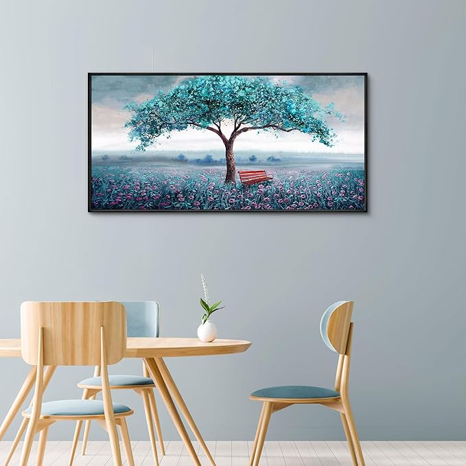 KLAKLA Large Tree Wall Art - Teal Blue Nature Tree of Life Abstract Canvas Painting for Living Room Modern Large Panoramic Landscape Framed Artwork for Bedroom Office Home Decor