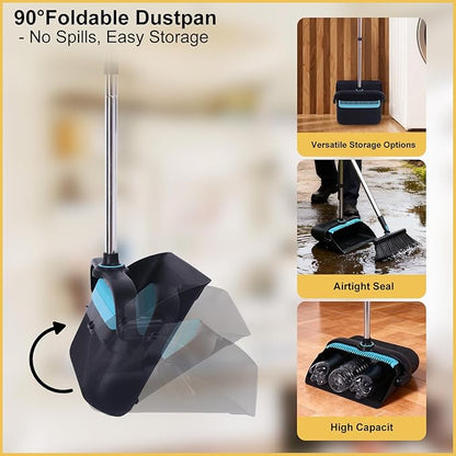Upgrade Broom with Dustpan Combo Set Heavy Duty, Ergonomic Adjustable Handle, Cleaning Teeth, Ideal for Pets, Indoor and Outdoor Sweeping（Black）