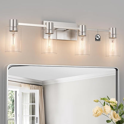 4-Light Modern Vanity Light Fixtures Over Mirror, Brushed Nickel Bathroom Light Fixtures, Vanity Lights, Wall Sconce with Clear Glass Shade for Bathroom, E26 Base