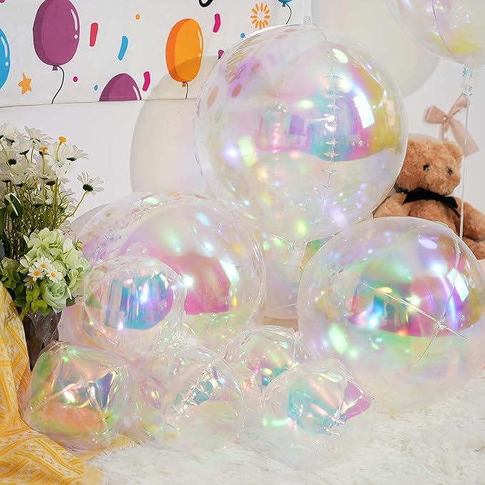12Pcs Iridescent Round Foil Balloons, 22" 15" 10" 4D Clear Ball Balloon, Holographic Balloons for Birthday Wedding Folding Rainbow Under The Sea Mermaid Party decoration