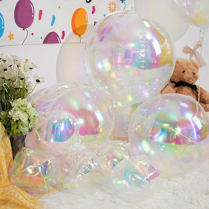 12Pcs Iridescent Round Foil Balloons, 22" 15" 10" 4D Clear Ball Balloon, Holographic Balloons for Birthday Wedding Folding Rainbow Under The Sea Mermaid Party decoration