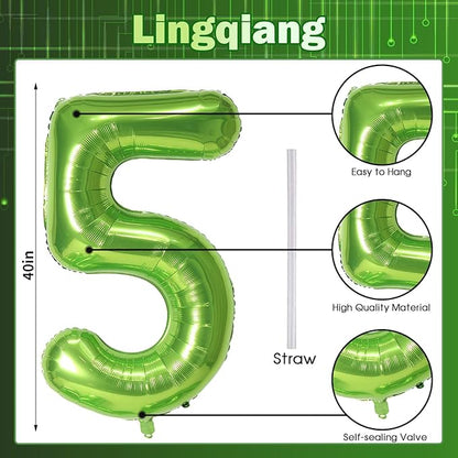 Green Number 5 Balloon for Girls Boys, 40 Inch Large Number 0-9 Foil Mylar Helium Digital Balloons Set for Women Men Jungle Birthday Graduation Anniversary Party Decorations Celebration Supplies