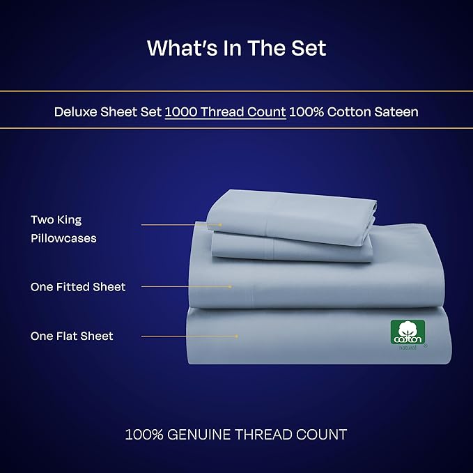 California Design Den King Sheets Set - Luxury 1000 Thread Count Sateen, Thick and Natural 100% Cotton Bed Sheet Set, Deep Pockets, Soft, Breathable and Durable Bedding - Blue