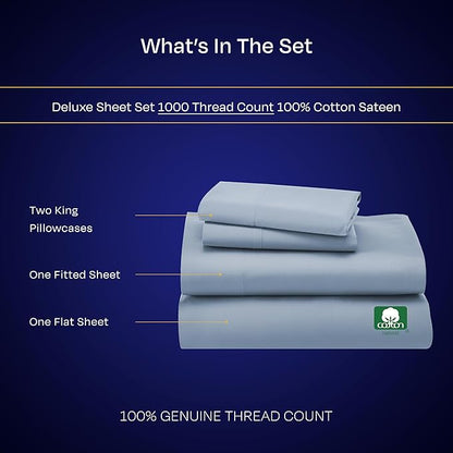 California Design Den King Sheets Set - Luxury 1000 Thread Count Sateen, Thick and Natural 100% Cotton Bed Sheet Set, Deep Pockets, Soft, Breathable and Durable Bedding - Blue