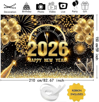MEHOFOND 7x5 ft Black and Gold 2026 Happy New Year Backdrop Cheers to 2026 New Year Eve Glitter Photography Background Hello 2026 Party Champagne Balloon Fireworks Decor Banner Cake Smash Photo Props