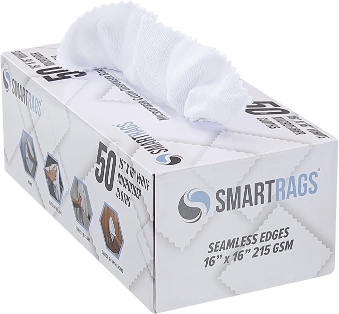 Arkwright Smart Rags in Box - (Pack of 50) Lint Free, Large Microfiber Cleaning Cloth, Scratch & Streak-Free, Dispensable Wash Towels for Cars, Kitchen, and Window Glass, White