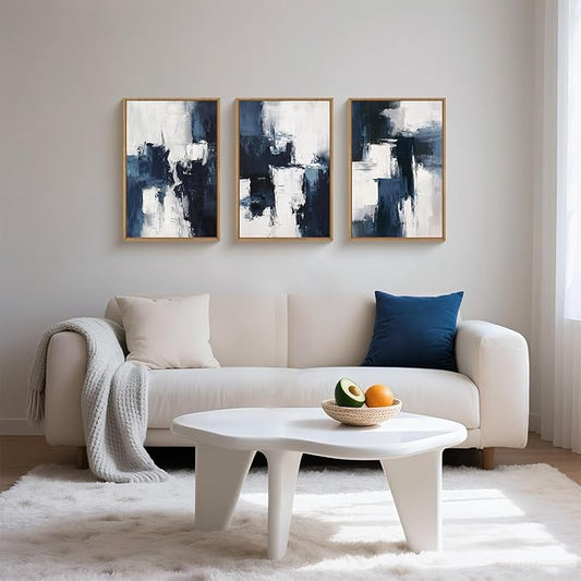 HLNIUC Navy Blue Abstract Wall Art Set of 3, Gray White Modern Neutral Art Decor(16x24), Minimalist Brush Strokes Wall Painting, Dark Geometric Textured Canvas Prints for Living Room, Bedroom, Office
