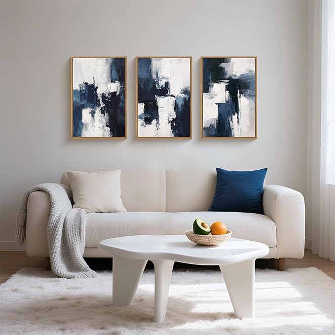 HLNIUC Navy Blue Abstract Wall Art Set of 3, Gray White Modern Neutral Art Decor(24x36), Minimalist Brush Strokes Wall Painting, Dark Geometric Textured Canvas Prints for Living Room, Bedroom, Office
