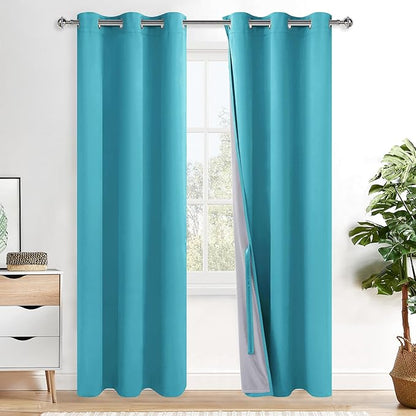 XWZO Complete Blackout Shades Window Curtain Panels with Tiebacks- Noise Reduction and Light Blocking Grommet Curtains with Black Liner for Studio, Basement Room, Turquoise, W42 x L84, Set of 2
